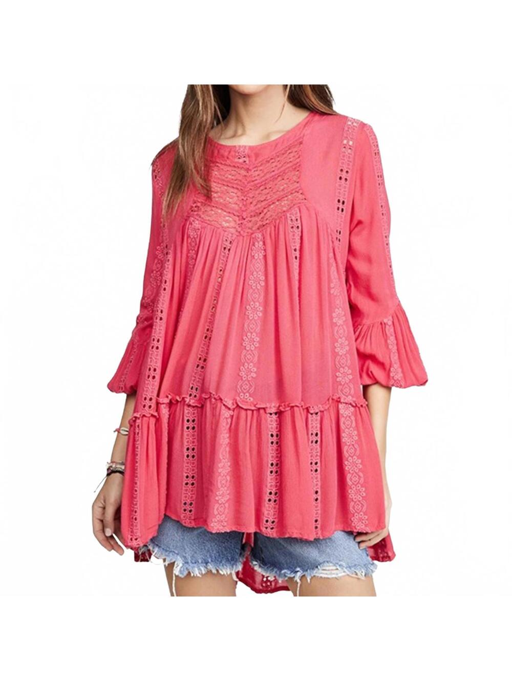 Free People Sweetest Dream Kiss Kiss Embroidered Tunic Top Hot Pink Small